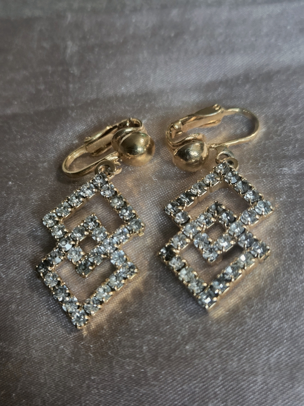 Gold Tone Double Square Dangle Clipon Earrings With Clear And Black Crystals